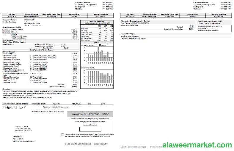 USA Peoples Gas utility bill template in Word and PDF formats, 2 pages
